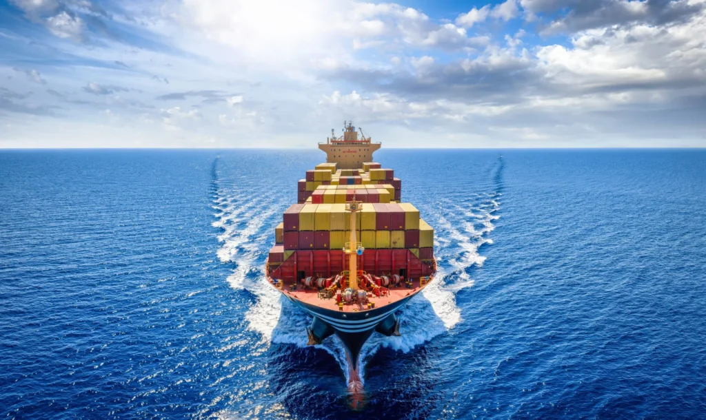 Container ship carrying cargo across open water