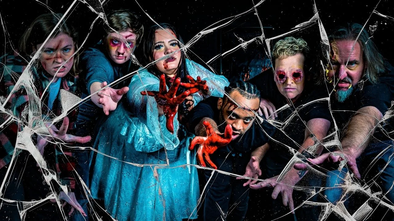 The 666 Project cast in horror-comedy makeup behind a cracked-glass effect