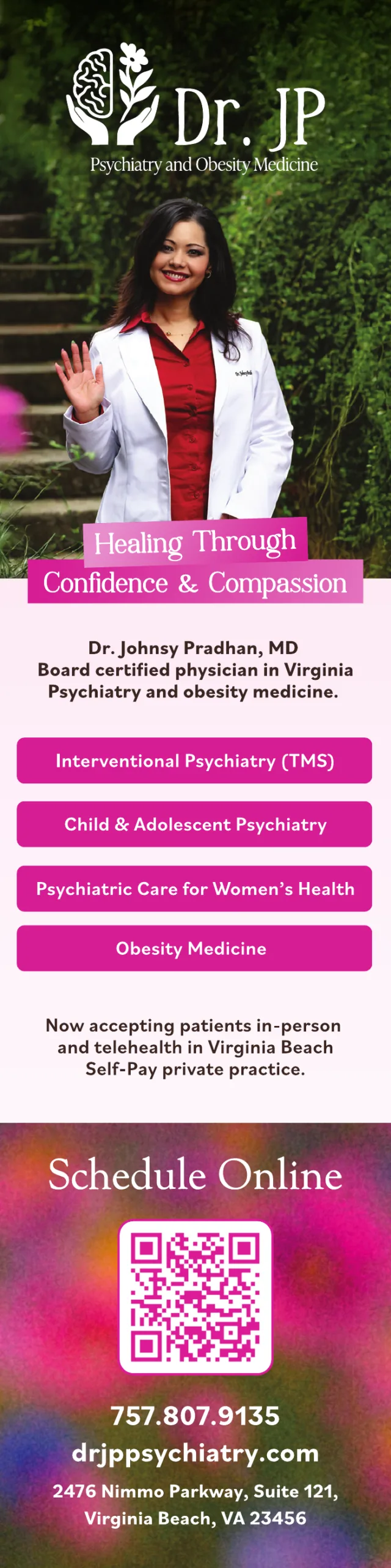 Dr. JP Psychiatry and Obesity Medicine. Dr. Johnsy Pradhan, MD. Healing through confidence and compassion. View the practice profile.