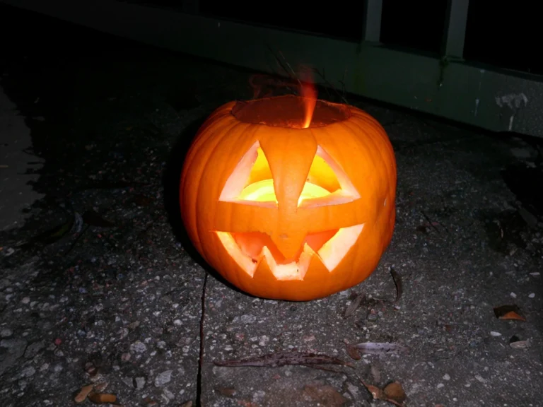 A carved Halloween pumpkin glowing on paving stones.