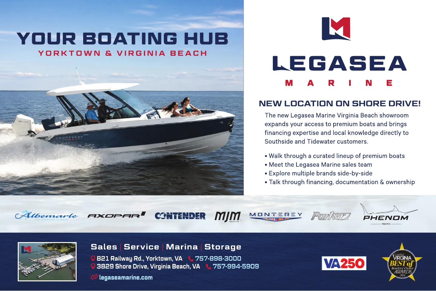 Legasea Marine advertisement: boat sales, service, marina and storage in Yorktown and Virginia Beach.