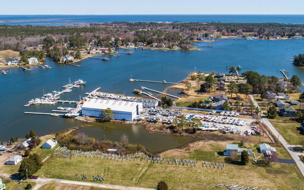 Aerial view of Legasea Marine’s waterfront marina in Yorktown.