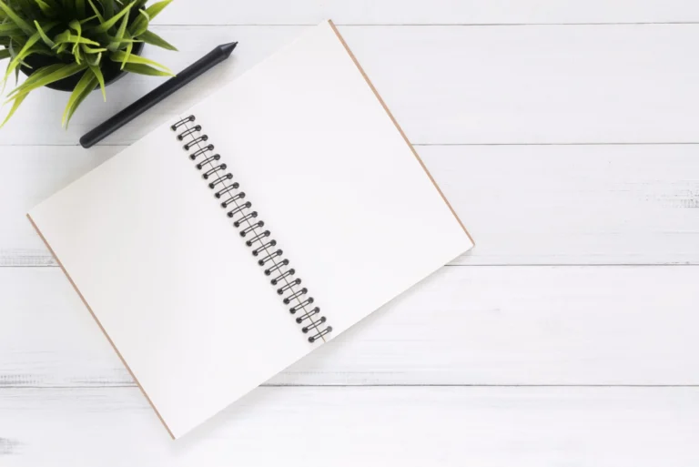 Open blank spiral notebook and black pen on a white desk beside a green plant.